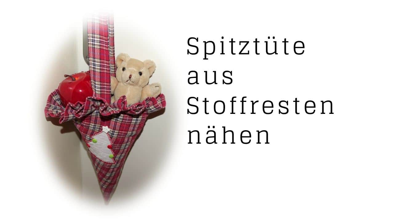Spitztüte mit verkürztem Futter aus altem Oberhemd genäht , mit Rüschchen