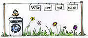 Kreatives handgemachtes Kunstwerk mit Waschmaschine, bunten Blumen und Wortspiel 'Wörterwäsche' für kreative DIY-Projekte.