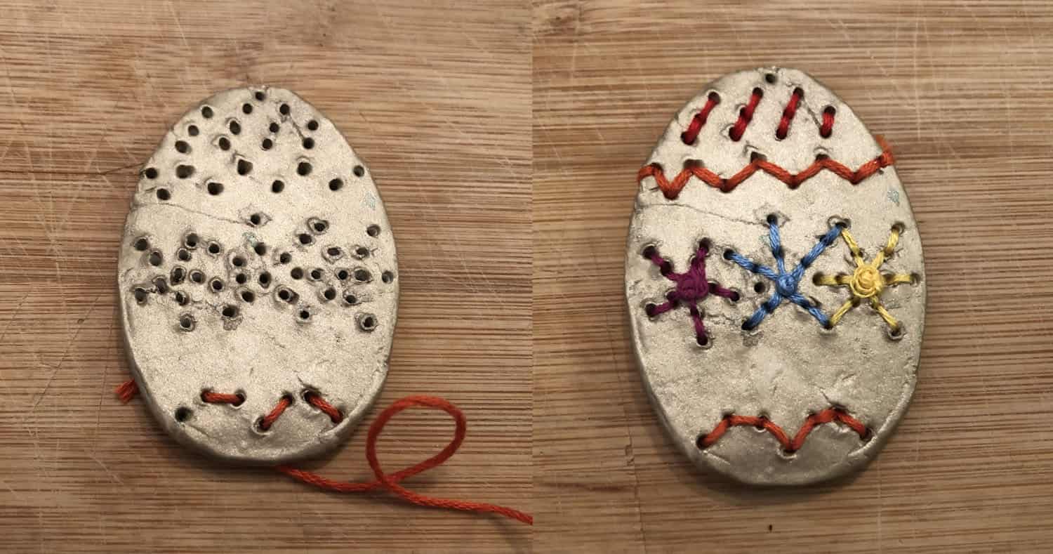Bunte Ostereier basteln und sticken aus Modelliermasse