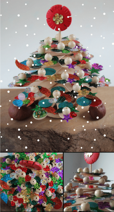 Kleiner Weihnachtsbaum mit Christbaumschmuck aus Eisstielen