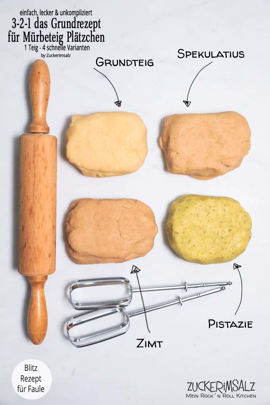 3-2-1 DAS GRUNDREZEPT FÜR ZARTE MÜRBETEIG PLÄTZCHEN, 1 TEIG – 4 SCHNELLE VARIANTEN