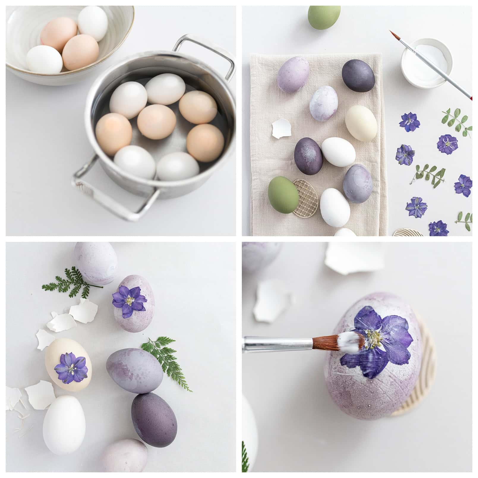 Natürlich gefärbte Ostereier mit echten Blüten verzieren.