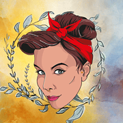 Illustration einer stilvollen Frau mit rotem Band im Haar, umgeben von botanischen Elementen, im Vintage-Stil, ideal für Handmade- und Kulturthemen.