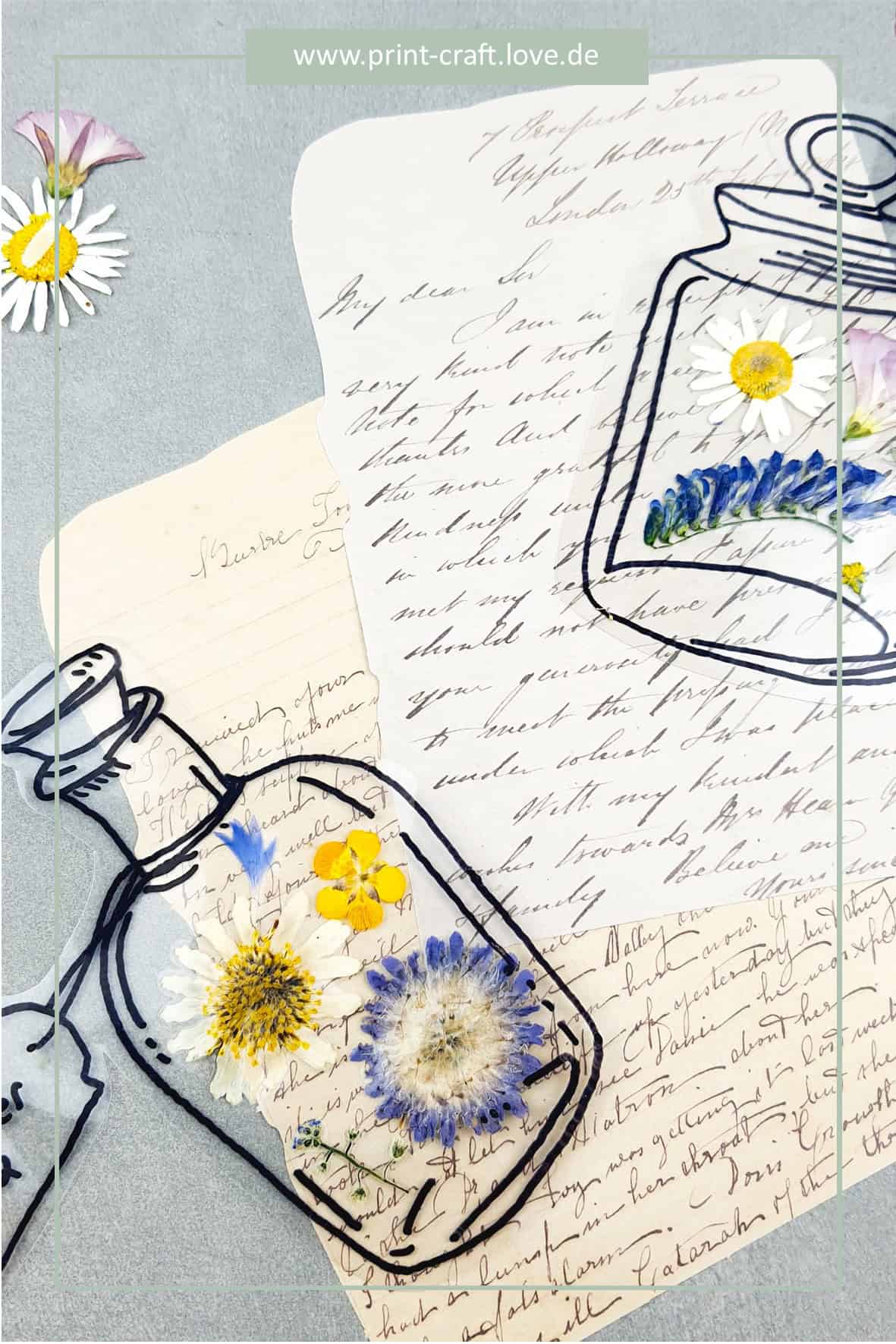 Blumen im Glas – als Lesezeichen, Tisch- oder Einladungskarte