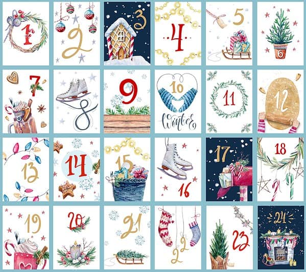 Bunte Adventskalender-Türchen mit weihnachtlichen Motiven, Schneeflocken, Geschenken, Tannenbaum, Sternen, und winterlichen Elementen für den Dezember.