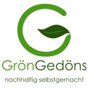 Logo von GrünGedöns mit grünem Kreis, Blatt und Schriftzug für nachhaltige, selbstgemachte Produkte und umweltfreundliche Herstellung.