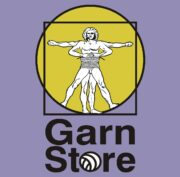 Logo des Garn Store mit Vitruvianischer Figur, umgeben von geometrischen Formen, für handgemachte Textilkunst und kreative Bastelprojekte.