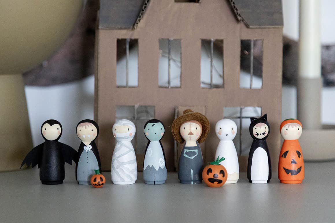 Halloween Deko – Holzstabfiguren und Gespensterspuk-Haus