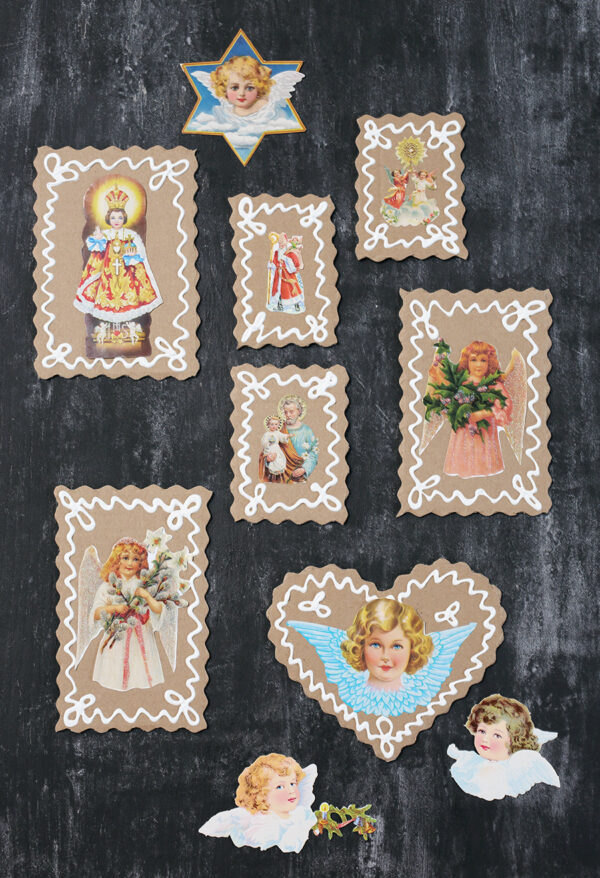 Handgefertigte Weihnachtsengelkarten mit traditionellen deutschen Motiven und Schnörkeln, handgemacht für festliche Dekorationen und Grußkarten, vielseitige Ostern- und Weihnachtsdekoration.