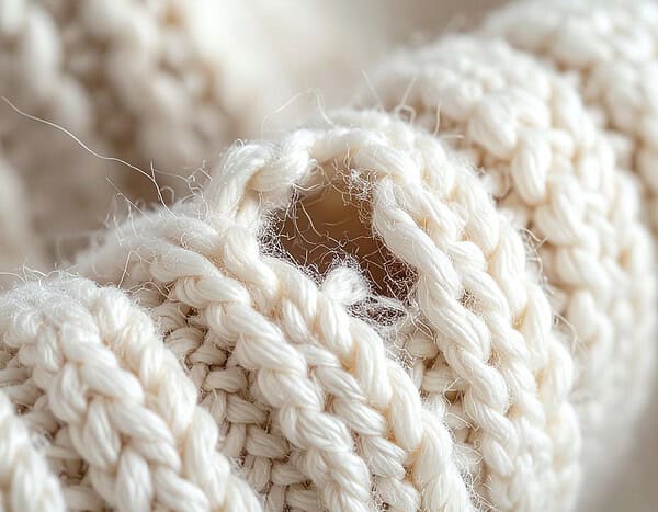 Handgemachte weiße Wollknäuel und Strickwaren, Detailaufnahme für kreative Handarbeit und DIY-Projekte, handgemachte Textilien, Strickkunst aus Naturfasern, nachhaltige Textilkunst.