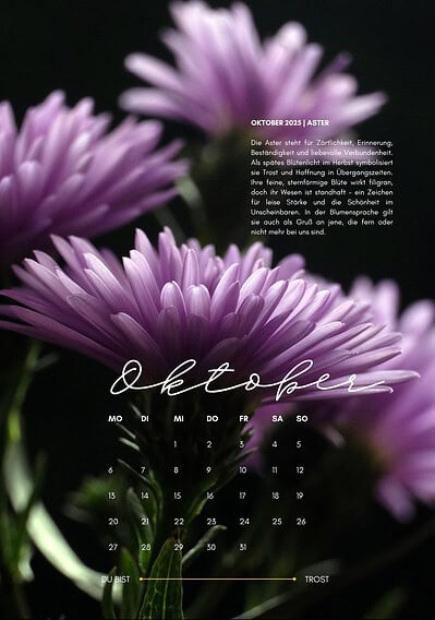 Zarte blumen, oktober 2025, handgemachte kultur, kreativer kalender, blumenmotivation, naturfotografie, florale dekoration, inspirierende bildsprache.
