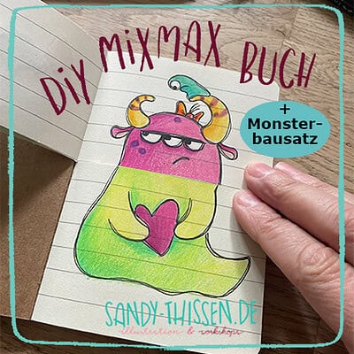 Bunte DIY-Mixmax-Buchseite mit Monster-Bausatz, handgezeichnetes Kreativprojekt für Kinder und Erwachsene.