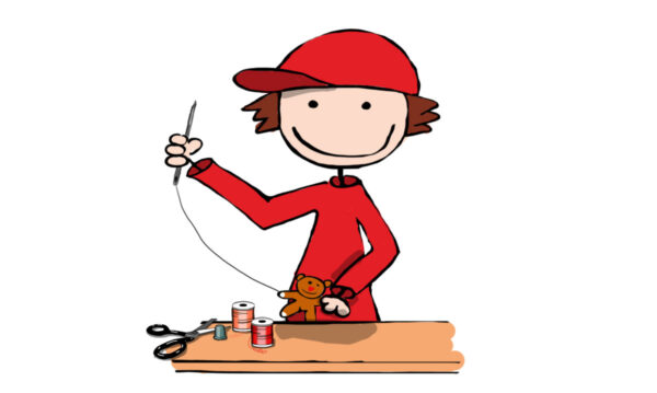 Bastelkind näht Stofftiere und arbeitet an Handarbeiten, kreatives Hobby, DIY, handgemacht, Kinderkunst.