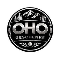 Logo von OHO Geschenke mit Berg, Tannenbäumen, Geschenk und Blume, ideal für handgemachte Geschenkartikel und kreative Produkte.