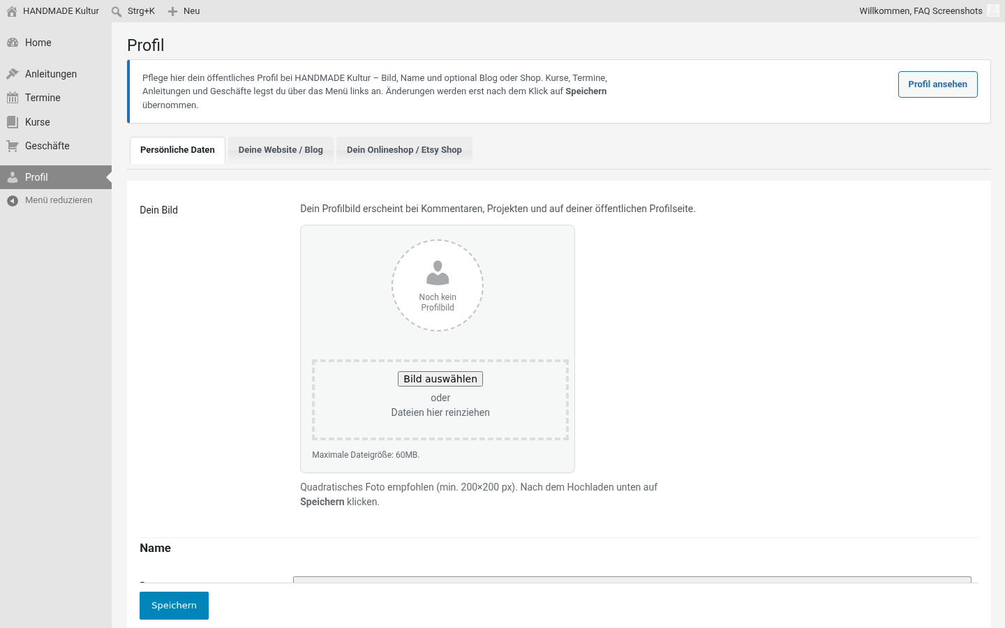 Profil bearbeiten im Admin-Bereich