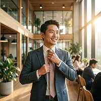 Selbstbewusster Geschäftsmann in Anzug im modernen Büro mit großen Fenstern und natürlichem Licht, professionell und freundlich, für Business- und Karriere-Themen.