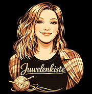 Strickende Frau mit kariertem Hemd und T-Shirt mit Aufschrift Juwelenschacht, kreative Handarbeit, DIY, Stricken, Handgemacht, Kunsthandwerk, Hobby, Nähkunst.