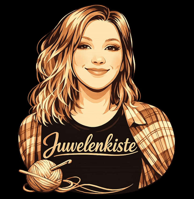 Strickende Frau mit kariertem Hemd und T-Shirt mit Aufschrift Juwelenschacht, kreative Handarbeit, DIY, Stricken, Handgemacht, Kunsthandwerk, Hobby, Nähkunst.