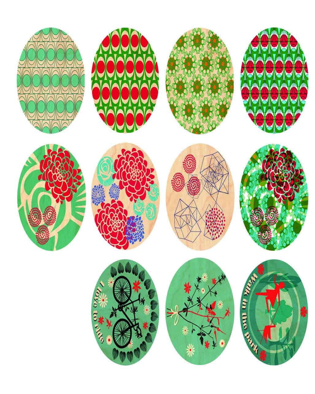 Verschiedene bunte Ostereier mit geometrischen, floralen und abstrakten Mustern für kreative Osterdekorationen.