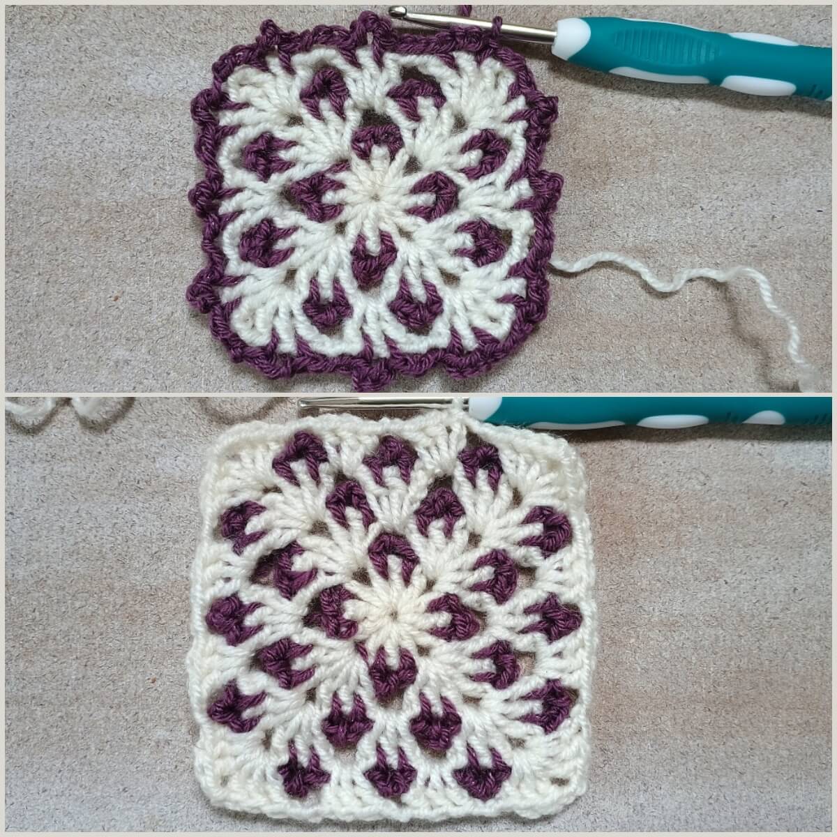 Dekoratives Granny Square mit Blattmuster in zwei Farben