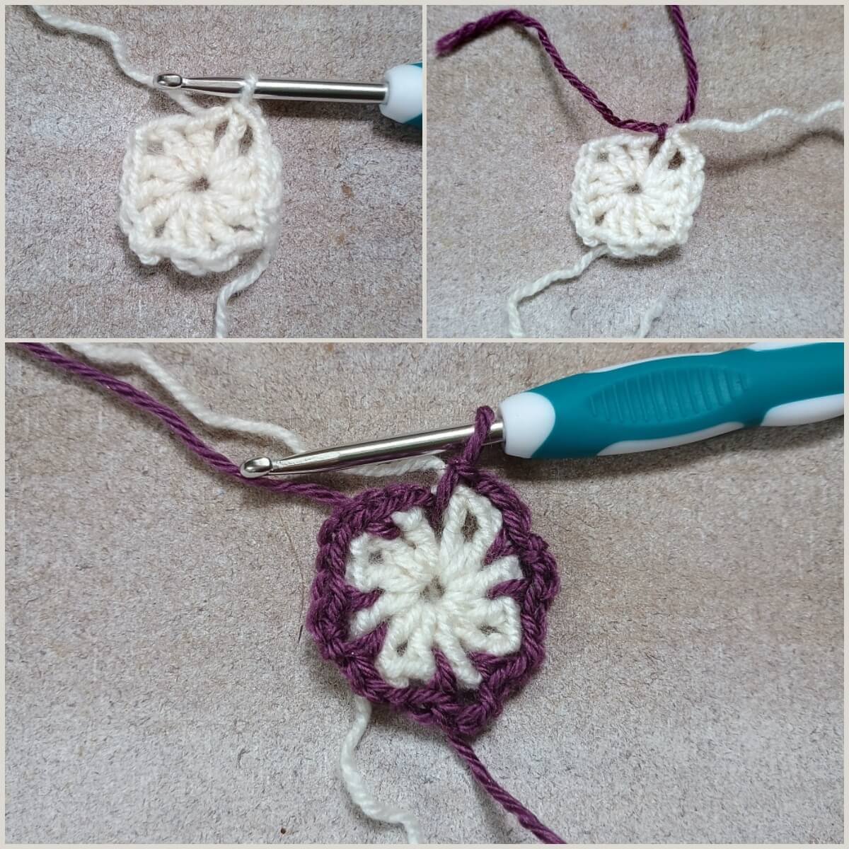 Dekoratives Granny Square mit Blattmuster in zwei Farben