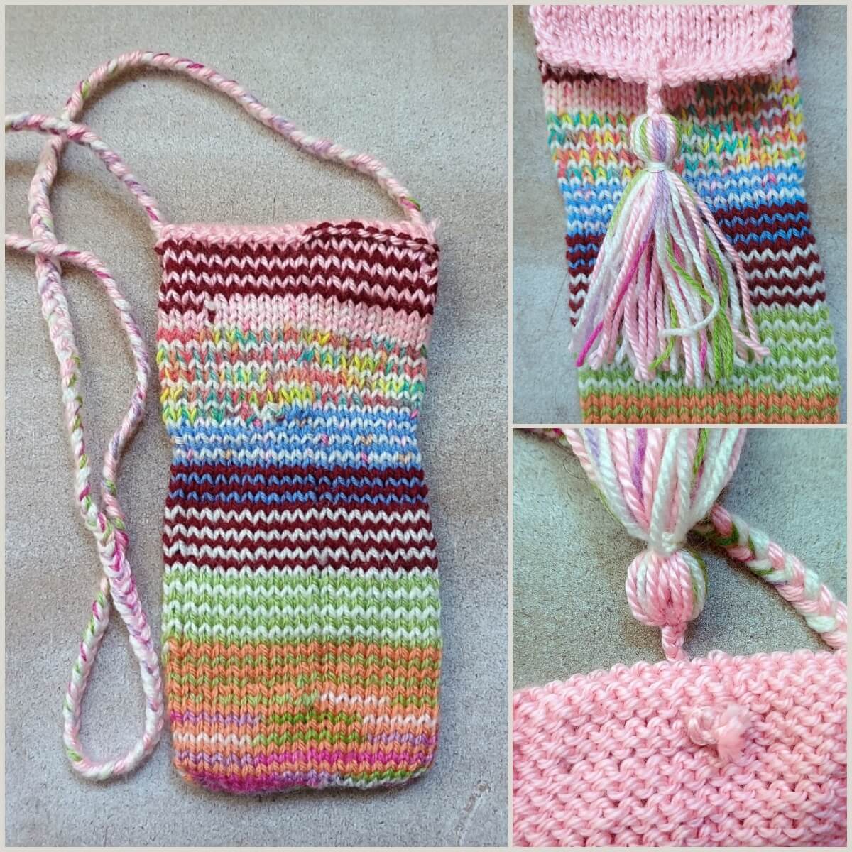 Handytasche aus Garnresten – Strickanleitung in Spiralrunden (Gum‑Gum)