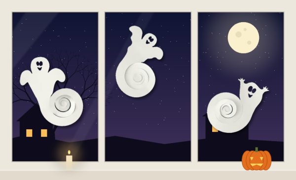 Drei weiße Gespenster-Spiralen aus Papier an Fenstern in der Nacht