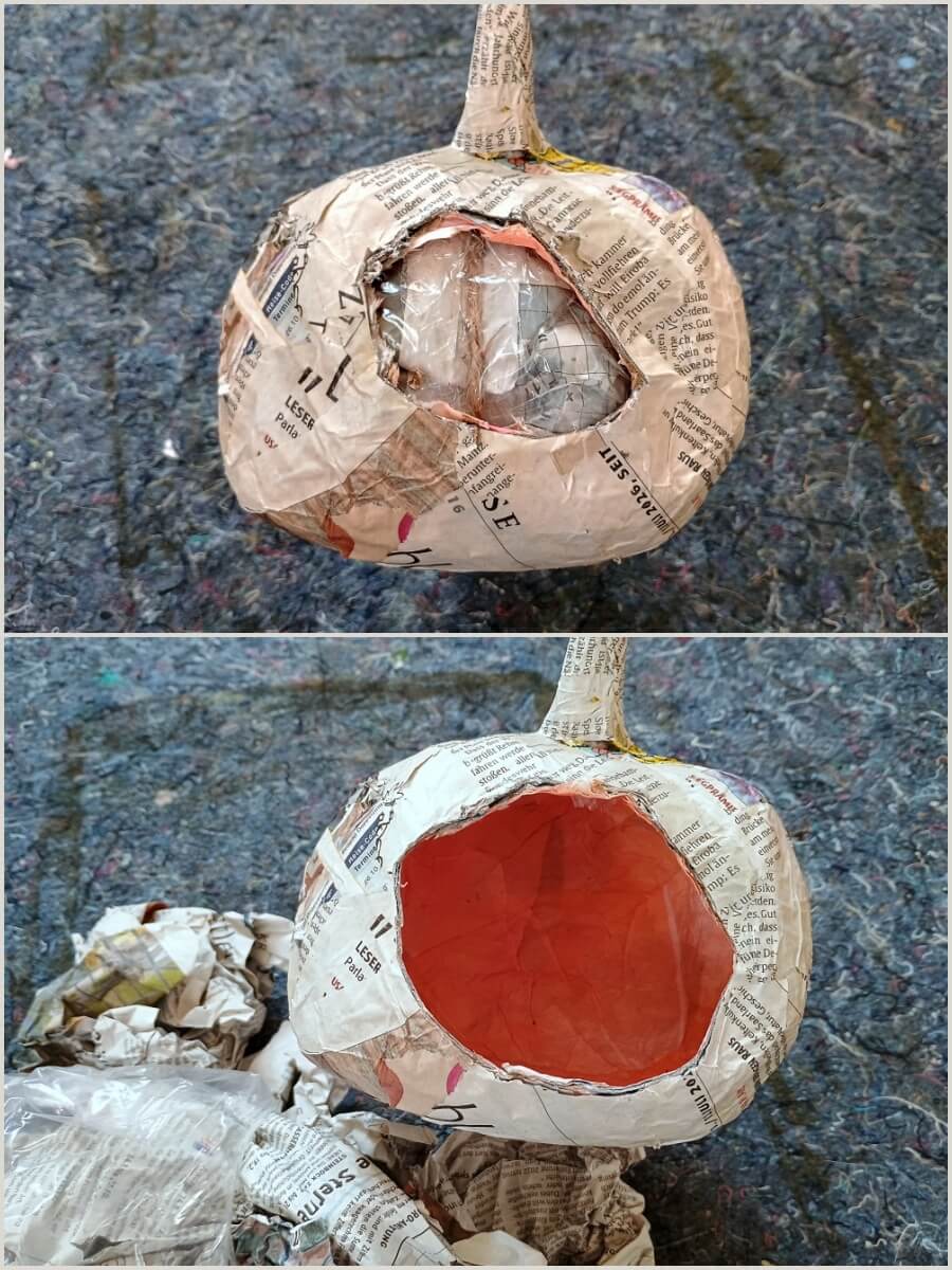 Kürbis mit Innenfläche basteln – herbstliche Deko aus Zeitungspapier und Mehlkleister