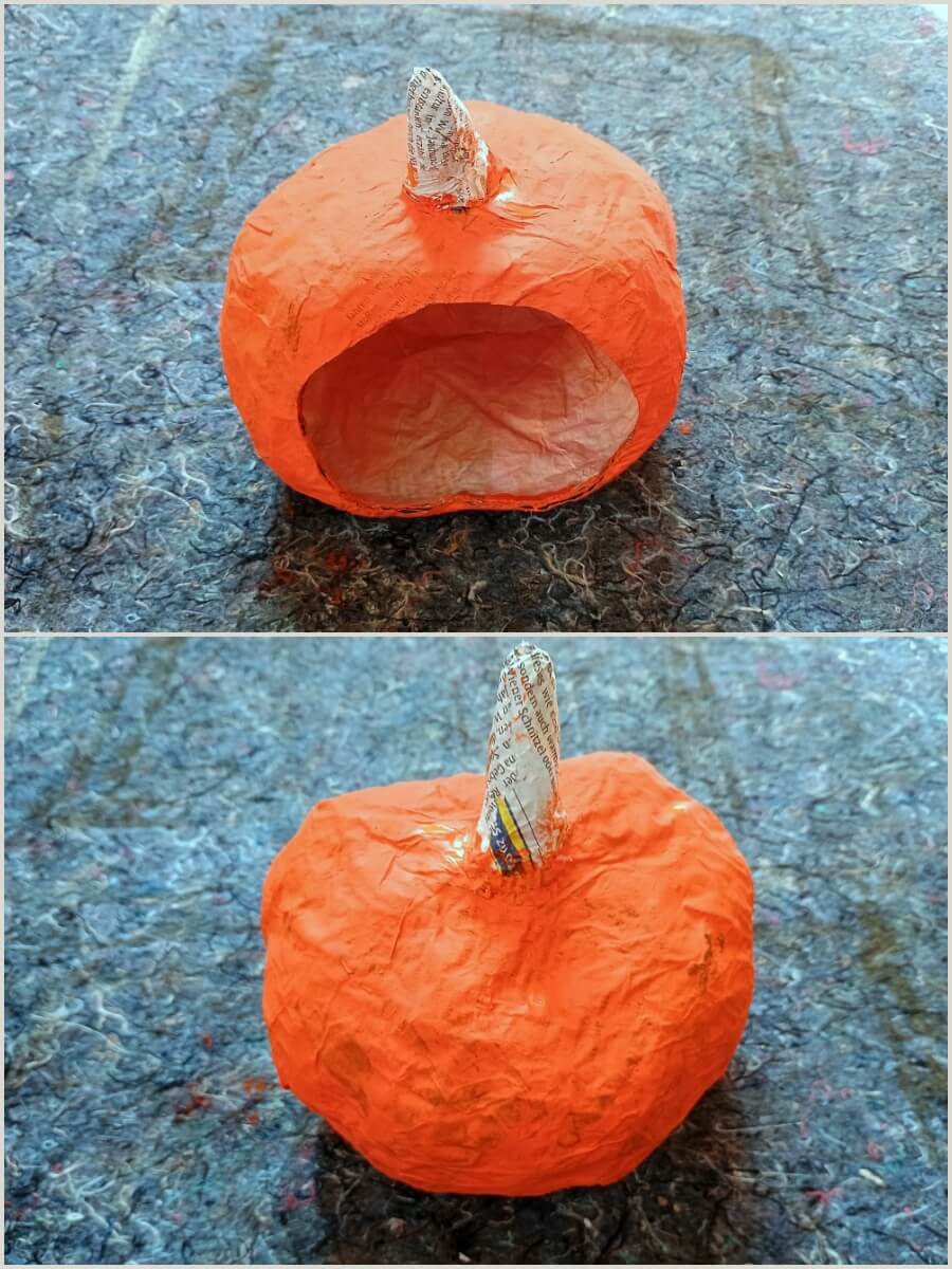 Kürbis mit Innenfläche basteln – herbstliche Deko aus Zeitungspapier und Mehlkleister