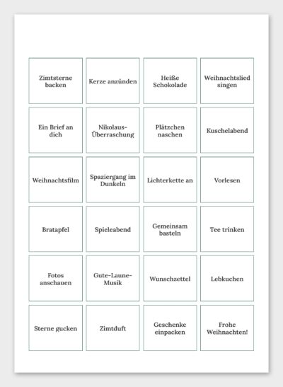 Seite 2 mit 24 Kästchen und je einer kleinen Aufgabe oder Botschaft