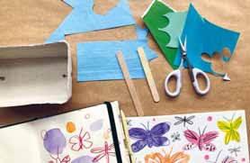 Bunte Papierschnipsel, Schere und skizzierte Schmetterlinge